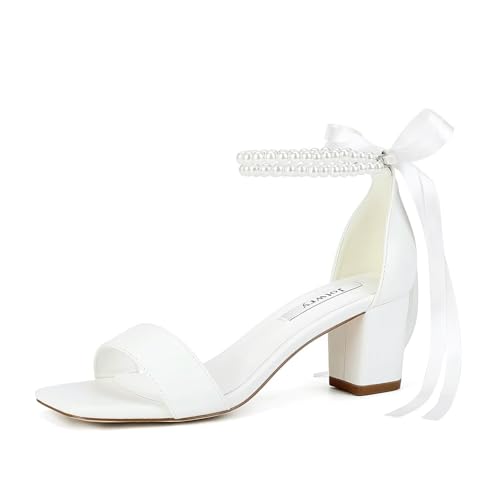 Jotwry Block Heel Wedding Shoes for Bride Pearl Heels Wedding Sandals Square Open Toe Bridal...