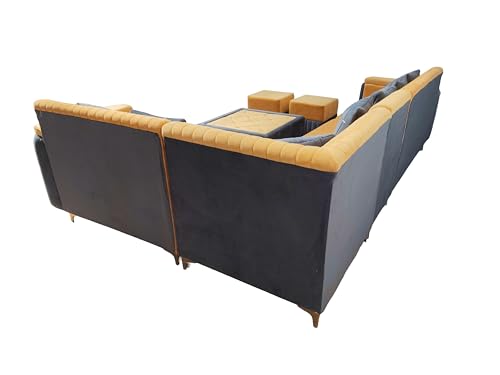 Image of APRODZ Wooden Sofa Set 7 Seater for Living Room, Solid Wood L Shape Sofa with Coffee Table and Two Ottoman Stools, 7 Seater Sofa for Home Office, Yellow & Grey