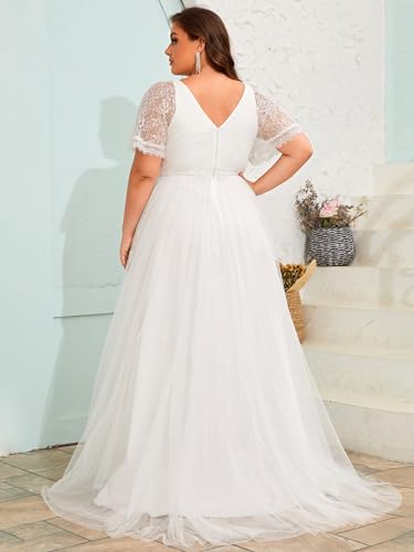 Ever-Pretty Plus Women's Lace V Neck A Line Short Sleeves Long Simple Bridal Gown Plus Size Wedding Dress for Bride2