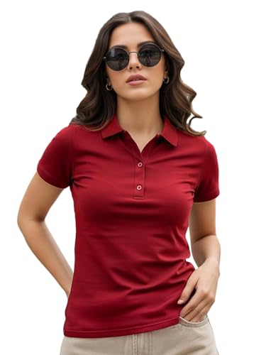 Image of JUNEBERRY Pure Cotton Regular Fit Plain Solid Classic Polo Collar Half Sleeve T-Shirt for Women (Colors: Olive, Maroon, Navy, Black, Green & Orange)