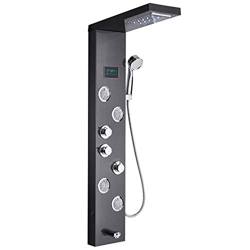 Rozin Black New LED Light Watefall Rainfall Shower Panel Faucet Wall Mount Bathroom Three Handles Shower Tower with Massage Jets and Hand Sprayer Head