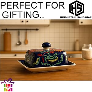 Image of HS HINDUSTANI SAUDAGAR Pushp Vatika Ceramic butterdish Handmade Container with Tray & lid Microwave & Dishwasher Safe Serve Ware for Hotel Cafe Restaurant Home Festival Ideal for Daily use & Gifting.