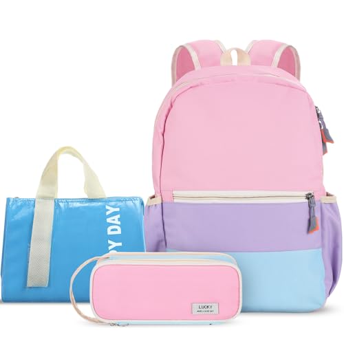 Aesthetic Backpack Set School Backpack Kindergarten Backpack with Pencil Case and Food Bag Kids School Supplies (Pink, Purple, Blue, Yellow, Light Blue)