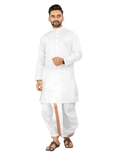 Image of UNIQUE MOMENTS Men's Cotton Dhoti Kurta Set with Full Sleeves Solid Pattern Modern Style and Mandarin Collar Neck | Perfect for Puja & Celebrations