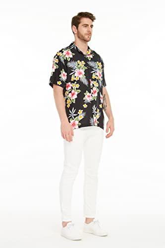 Image of Family Matching Hawaiian Clothes, Hibiscus Black | Black Hibiscus Print • Soft Rayon Fabric • Family Matching Outfits • Vacation Ready • Luau Party Wear