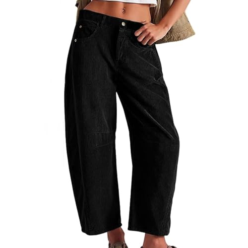 Women's Corduroy Barrel Pants Loose Low Rise Capri Pants Spring Fall Casual Cropped Pants with Pockets