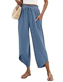 LOMON Women's Linen Harem Pants Casual Loose Fit Wide Leg Cropped Lightweight Drawstring Elastic Waist Pants with Pockets (Blue,XL)