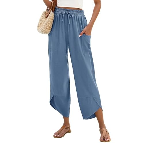 LOMON Women Linen Palazzo Pants Boho Wide Leg Elastic Waisted Casual Capri Pant Summer Harem Lounge with Pockets Blue XX-Large