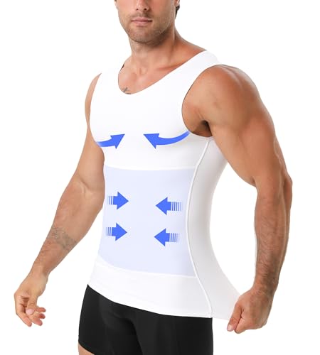 YOWODA EUK Kompressionsshirt für Herren V-Ausschnitt figurformendes Tanktop Shapewear-Unterhemd zur Bauchkontrolle bei Gynäkomastie (DE/NL/SE/PL Alphanumerisch L Regular Regular Weiß)