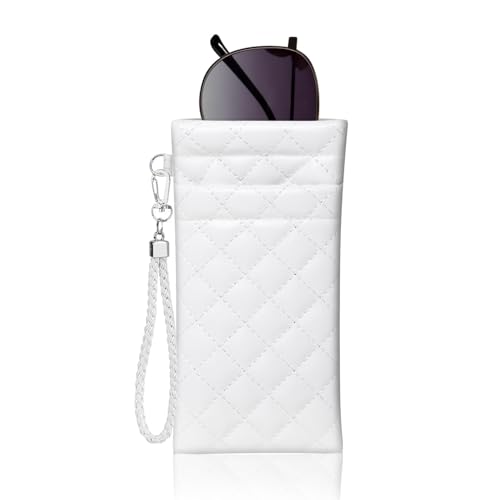 Image of Double Eyeglass Case Squeeze Top Glasses Pouch, Leather Soft Sunglasses Case with Carrying Strap