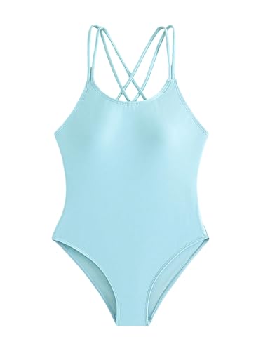 Image of OYOANGLE Girl's Basic One Piece Swimsuit Criss Cross Spaghetti Strap Sports Training Bathing Suit
