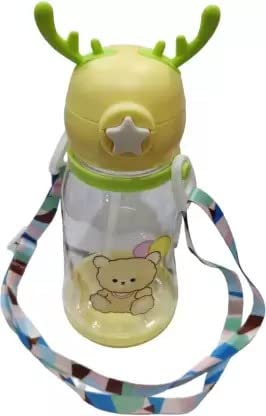 CHILDCHIC Cartoon Design 2 in 1 Sipper Water Bottle for Infant Toddler Anti-Spill Sippy Cup with Soft Silicone Straw BPA Free Anti Spill Lock Leak Proof Easy Neck Hanging Cap (Yellow_500ml)