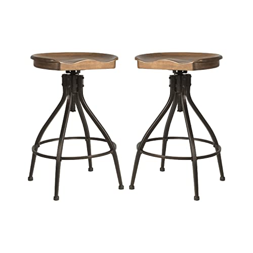Hillsdale Worland Backless Metal Adjustable Height Stool with Wood Saddle Seat, Set of 2, Brown