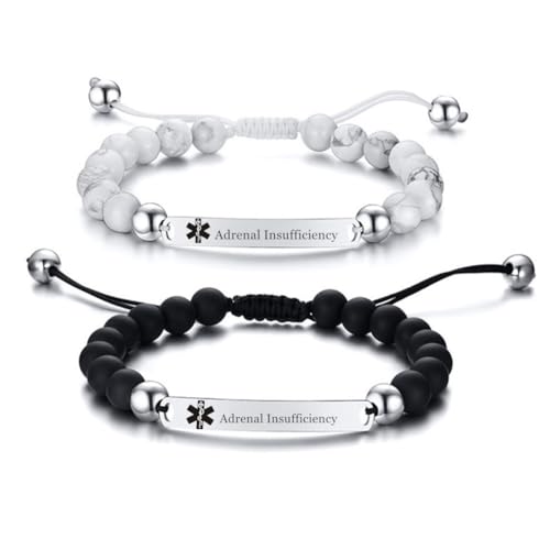 2 Pcs Medical Alert Bracelets for Men & Women Teens with Free Engraving Adjustable Stainless Steel Black White Beaded Onyx Emergency Medical ID Bracelets with Medic Wallet Insert Card