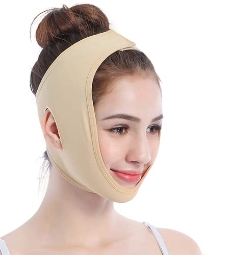 Image of Face Slimming Belt, Double chin fat reducer cheek slimmer and change face shaper wrinkle remover elastic strap, V Shape facial belt for women and men (XL,Beige),1 count