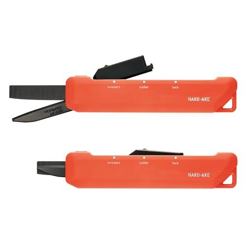 Image of KOKUYO 2-Way Portable Scissors, HAKO-AKE Compact Pocket Size Travel Scissors, Titanium Blade All Purpose Craft Scissor Box Cutter for Office, Travel and Home. Orange (Hasa-T420YR)