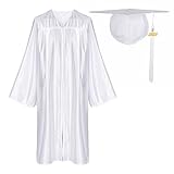 Newrara Adult Shiny Graduation Cap and Gown Tassel Set for High School & Bachelor (45, White)