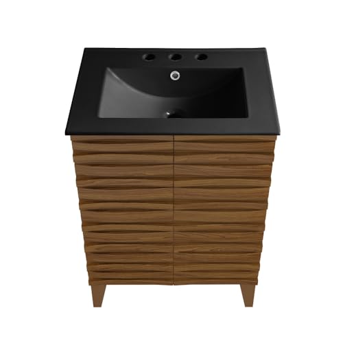 Image of Swiss Madison Cascade 24 in. Brown Oak Bathroom Vanity with Black, 3-Hole Ceramic Sink Top