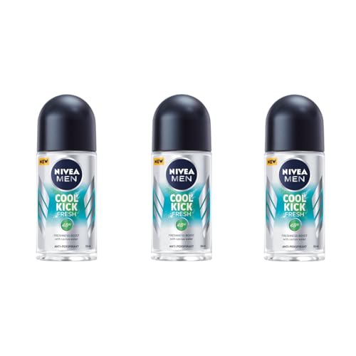 NIVEA Men Cool Kick Fresh Roll-On Deodorant 50ml, 48H Antiperspirant, Cactus Water, Cooling Sensation, Alcohol-Free, Dermatologically Tested, Long-Lasting Fresh Scent, Skin-Friendly, Pack of 3