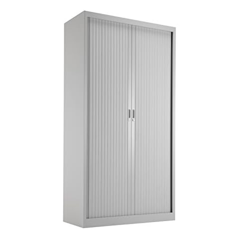 Office Hippo Steel Tambour Cupboard Side Opening with 4 Shelves, Fully Lockable, 195 cm High, Metal, Grey Cover