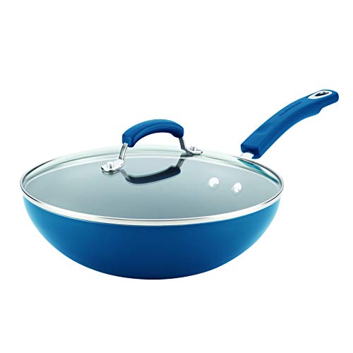 Rachael Ray - Sartén antiadherente de aluminio con tapa de cristal, 28 cm, color azul marino 11' Gradiente azul marino