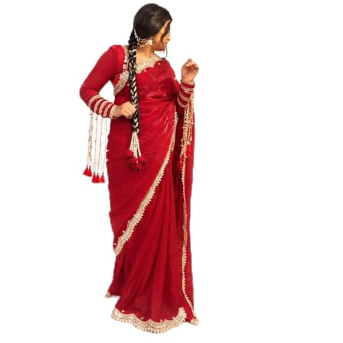 Stylish Red Ghungroo Saree Featuring Gold Lace Border Fancy Sari with Unstitched Blouse & Free Hair Paranda Tr