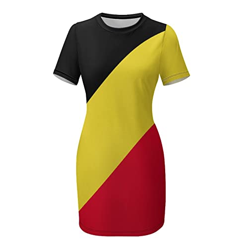 Fattyeery Womens Summer Casual Loose Dress Belgian Flag Long Dress Short Sleeve for Girls Fashion Skirts M