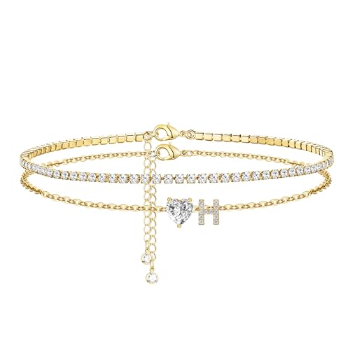 Image of Gold Initial Ankle Bracelets for Women 14K Gold Plated CZ heart Tennis Anklets for Women Waterproof Layered Adjustable Letter Anklets Large Ankle Summer Beach Foot Jewelry