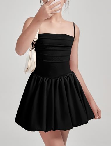 EXARUS Girls Dress Puff Bubble Ruched Teen Adjustable Spaghetti Strap Summer Casual Cami Mini Dresses4