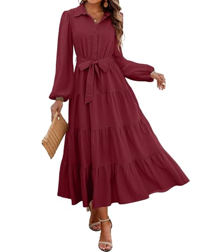 dowerme Women's Long Sleeve Dress 2025 Button Down Belted A-Line