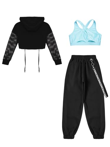 iiniim Girls Jazz Street Dance Outfits 3 Piece Sweatsuits Hip Hop Dance Sweatshirt Sport Bra Jogger Pants Set4