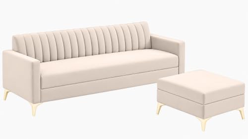 Image of AMATA Falcon ele 4 Seater Fabric Suede Velvet Cream Colour Sofa Set with Four Cushions Perfect for Home Office Guests Living Room (Falcon Cream 01, Falcon 4 Seater l Shape)(3 Year Warranty)