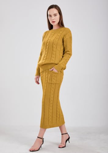 Image of chouyatou Women Winter Casual Chunky Cable Knit Long Pencil Skirt 2 Piece Outfit Oversized Pullover Sweater Sets