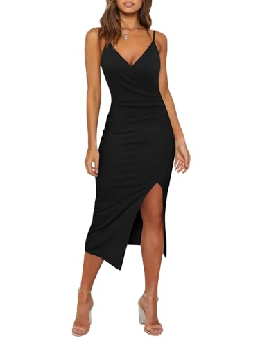 WAYMAKER Women's Sexy V Neck Spaghetti Strap Sleeveless Wrap Ruched Side Slit Bodycon Cocktail Party Wedding Guest Dress