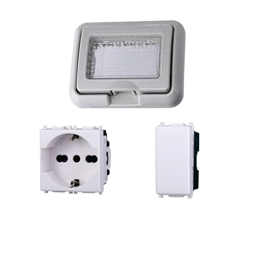 Kit placa caja 503 premontada IP55, enchufe Schuko P40 universal + interruptor, compatible con Vimar Plana, placa estanca Idrobox empotrable de exterior