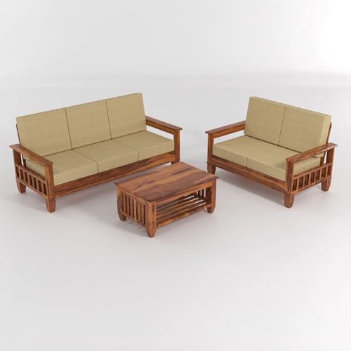 Image of Sheesham Wooden 5 Seater Sofa Set for Living Room | Rosewood Cushion Sofa with Side Newspaper Holder for Home & Office | Solid Wood Sofa Set for Lounge (Honey, 3+2 Seater)