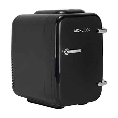 MONCOOK Mini Fridge For Bedrooms - Portable & Quiet Mini Fridges For Skin Care, Beverages - Birthday Gift For Her and Him - Thermoelectric Cooler and Warmer Retro Small Fridge - 4L - Full Black Cover