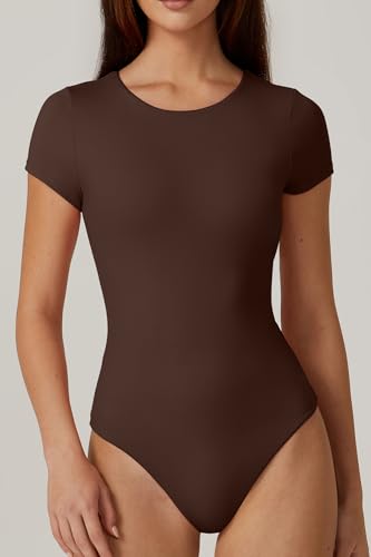 QINSEN Women's Crew Neck Short Sleeve Bodysuit Double Lined Body Suits Basic T-shirt Tops3