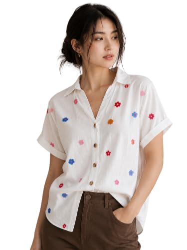 Image of Women's Floral Embroidered Shirt | Elegant Short Sleeve Shirts for Casual & Office Wear | Stylish Summer Button-Down Shirt for Girls & Women