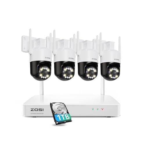 ZOSI 4K Wi-Fi 6 Security Camera System,4pcs 8MP Pan Tilt Plug-in WiFi Cameras,Person Vehicle Detection,Color Night Vision,2 Way Audio,8CH Home Surveillance WiFi NVR with 1TB HDD for 24/7 Rec