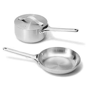 Caraway Stainless Steel Mini Duo – 5-Ply Stainless Steel Fry Pan (8 In) & Stainless Steel Sauce Pan (1.75 Qt) – Oven Safe & Stovetop Agnostic – Non Toxic, PTFE & PFOA Free