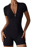 FEOYA Dame Sportpak voor dames, yoga-pak, korte mouwen, sportpak met ritssluiting, fitness, bodysuit, sportkleding voor dames, gym S-XL, Zwart, S