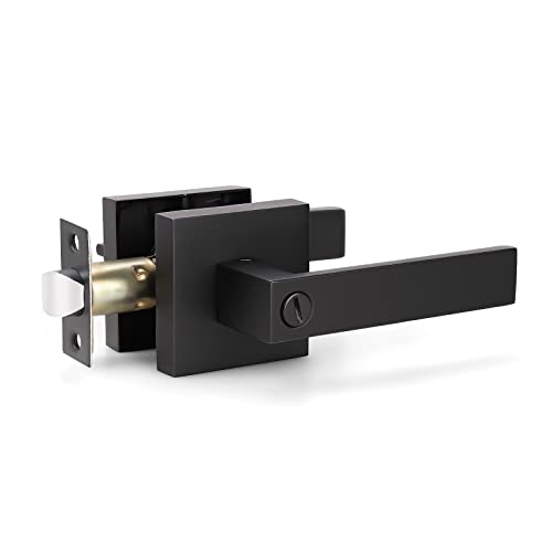 KNOBWELL Matte Black Modern Door Handles with Lock, Privacy Lever
