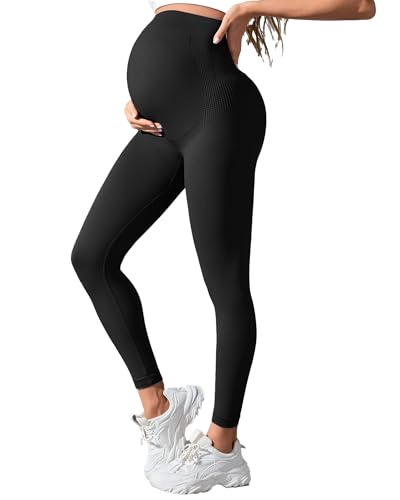 QSHOW Women’s Maternity Leggings Over The Belly,Butt Lifting Pregnancy Leggings for Women Buttery Soft Yoga Pants Seamless Compression Sweatpants(XL,S071-Black)