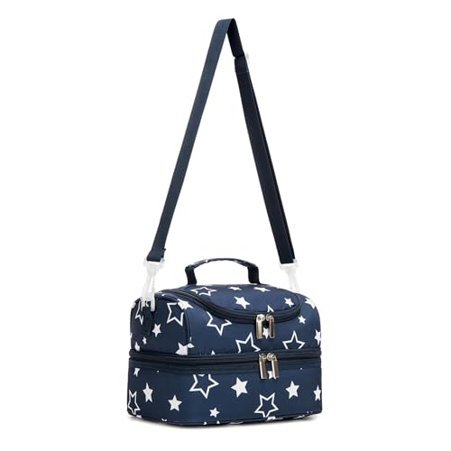 Image of Insulated Kids Dual Compartment Lunch Bags Tote Pack for Girls Boys Toddler Kindergarten School Picnic Cooler Thermal Lunch Boxes with Strap Blue Star