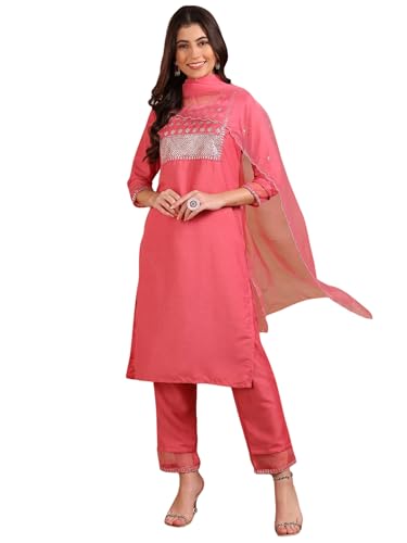 Image of Vaamsi Women's Silk Blend Sequins Yoke Design Straight Kurta Pant With Dupatta