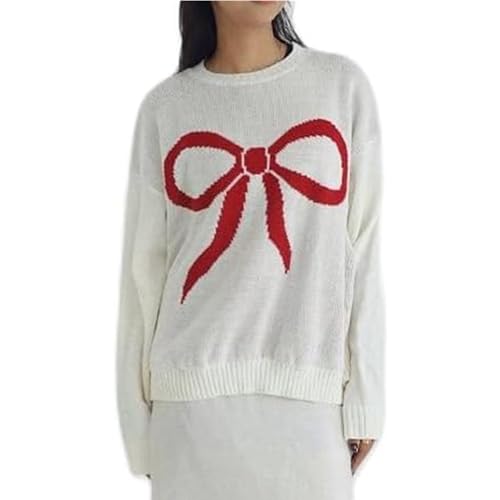 Image of Women Y2K Fall Sweater Cute Bow Print Long Sleeve Cable Knit Pullover Casual Oversized Jumpers for Women