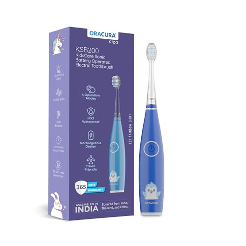 Image of ORACURA KSB200 Kids Sonic Electric Rechargeable Toothbrush, 3-10 Years, 24,000 strokes /min, With 3 Modes, IPX7 Waterproof, Smart 2-Min Timer, Rechargeable Lithium Battery, LED & Colorful Lights (Blue)
