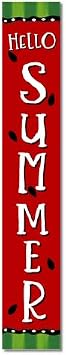 Red Hello Summer Watermelon Porch Board 48x8in, Welcome Sign and Porch Leaner for Front Door Porch Deck Wall Outdoor Spring & Summer Rustic Vertical Porch Yard Decor