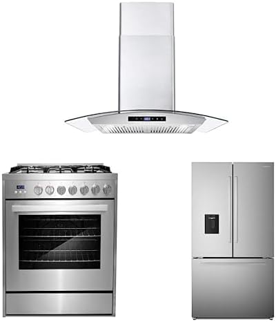 Cosmo 3-Piece, 36" Gas Range 30" Wall mount range hood & French Door Refrigerator